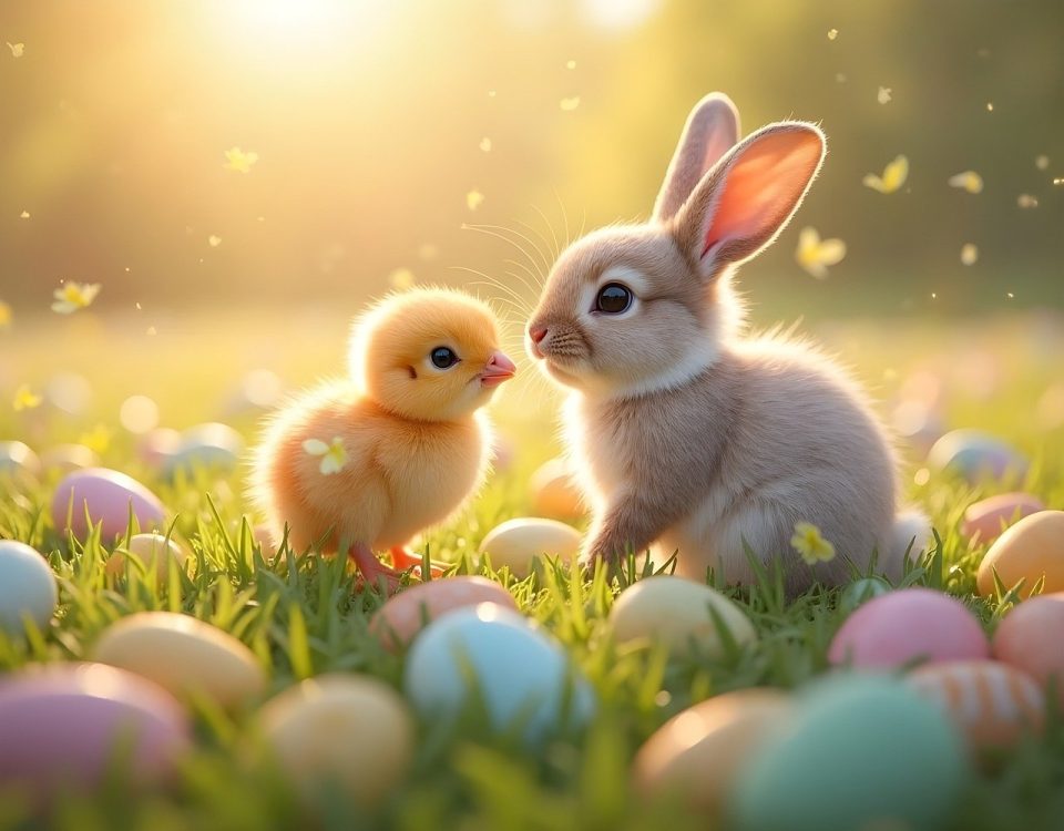 ai generated, spring, warm spring weather, easter, baby rabbit, chick, easter egg, cute animal, magical moment, emotional design, nature, egg, warm atmosphere, emotional photo, lovely moment, easter decoration, hand painted egg, natural light, peaceful scenery, pastel egg