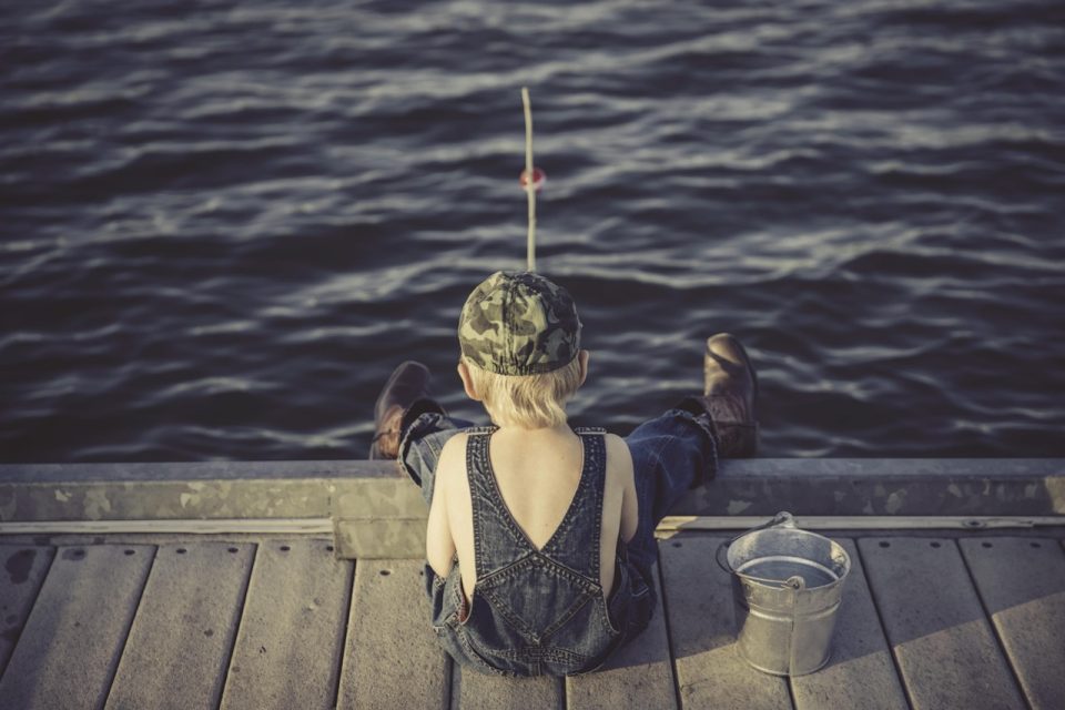 boy, child, nature, fishing, fishing rod, bucket, fisherman, kid, young, small, childhood, summer, adventure, outdoors, lake, water, overalls, back view