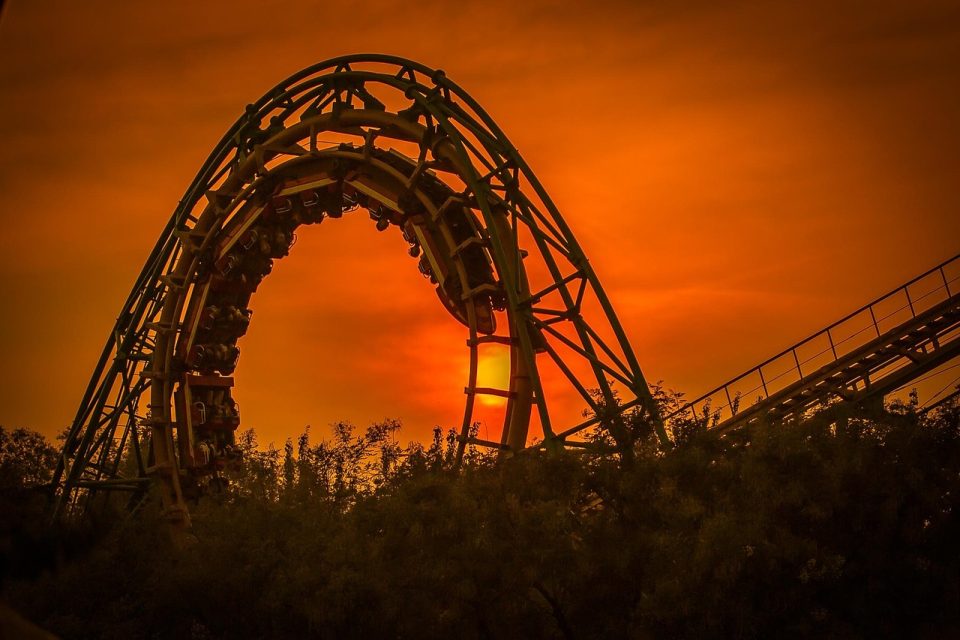 roller coaster, amusement park, sunset, dusk, amusement ride, funfair, carnival, shijingshan, beijing, nature, china