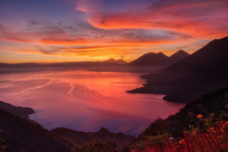 sunrise, water, dawn, nature, morning, country, sun, lake, volcano, panorama, peace, clouds, holiday, traveler photos, atitlán, guatemala, central america