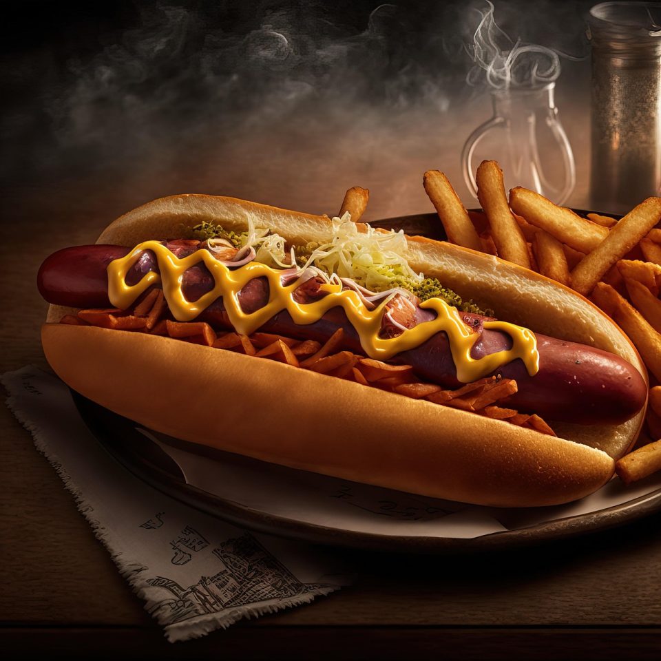 hot dog, food, sandwich, bread, fries, mustard, ketchup, snack, yummy, delight, digital art, hot dog, hot dog, hot dog, hot dog, hot dog