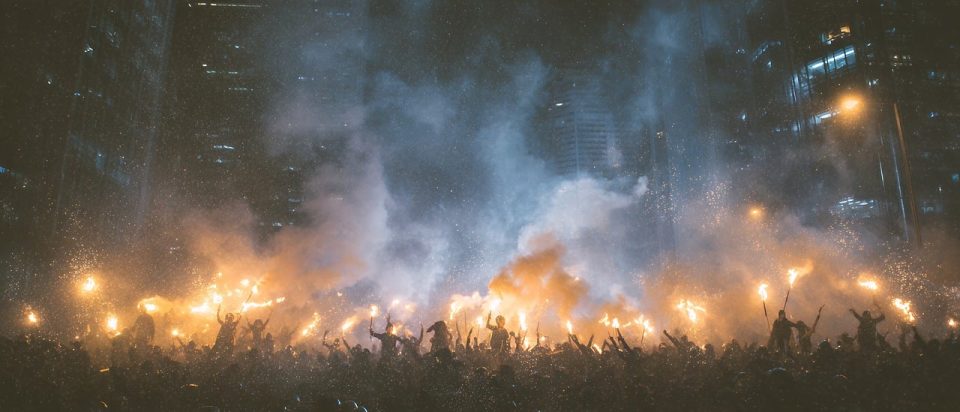 protest, crowd, night, people, torches, fire, demonstration, city, urban, evening, gathering, group, silhouette, buildings, dark, freedom, activists, power, anger, revolution, street, march, cityscape, ai generated
