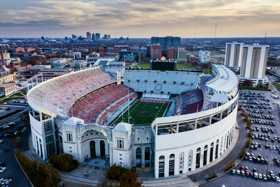 An aerial view of a stadium.