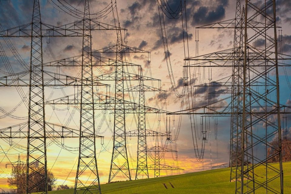 electricity, electricity pylons, power lines, high voltage pylons, high voltage, high voltage line, electric cable, industry, nature, energy, technology, electrics, sunset, multicoloured, clouds, power line, orange, yellow, blue