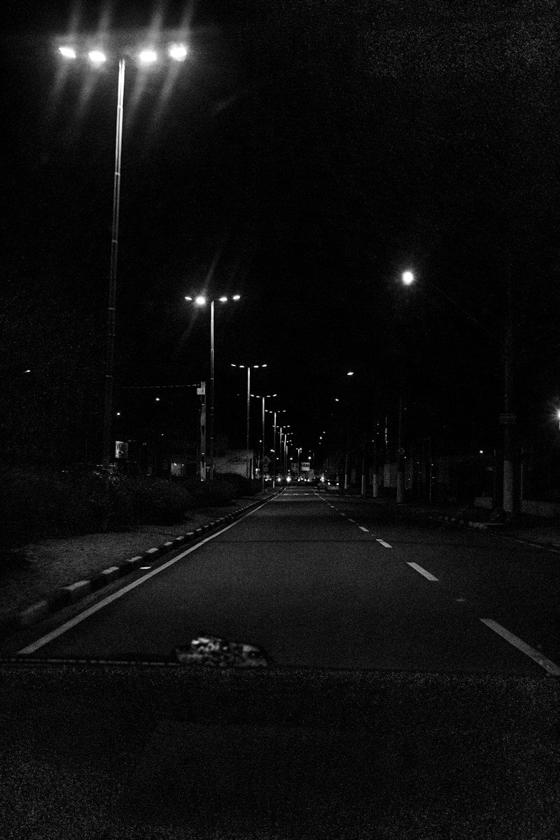 Empty street lit by streetlights at night