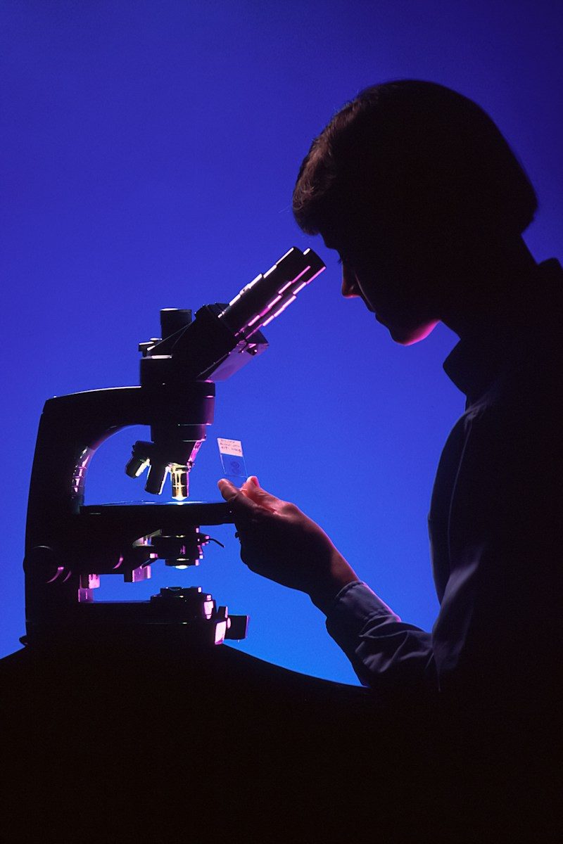 silhouette of person using microscope